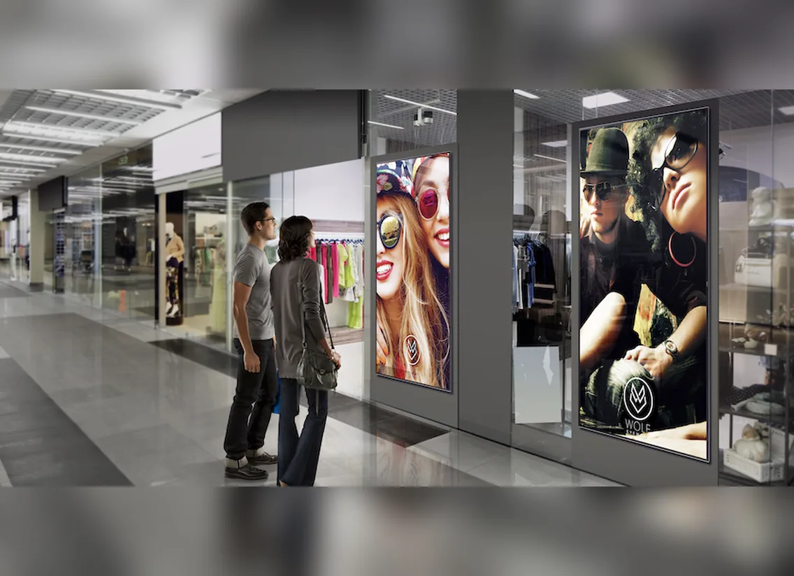 Retail store wall with several portrait screens